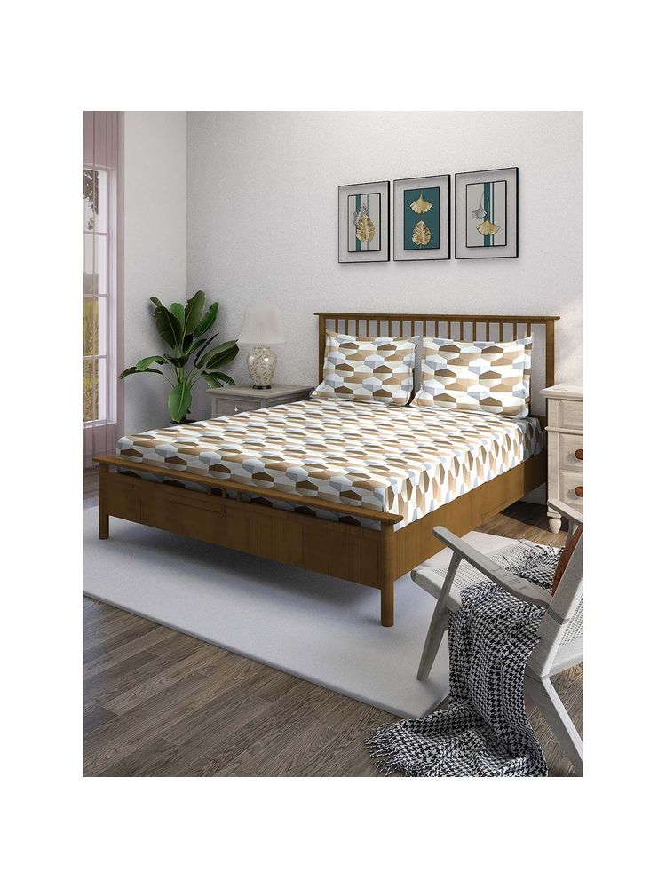 Swayam Beige Geometric 210 TC Pure Cotton Bedsheet with Pillow Covers-picture-22