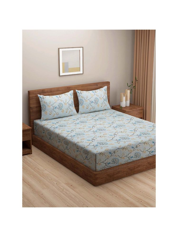 Swayam Turquoise Floral 210 TC Pure Cotton Bedsheet with Pillow Covers (King)-image-30