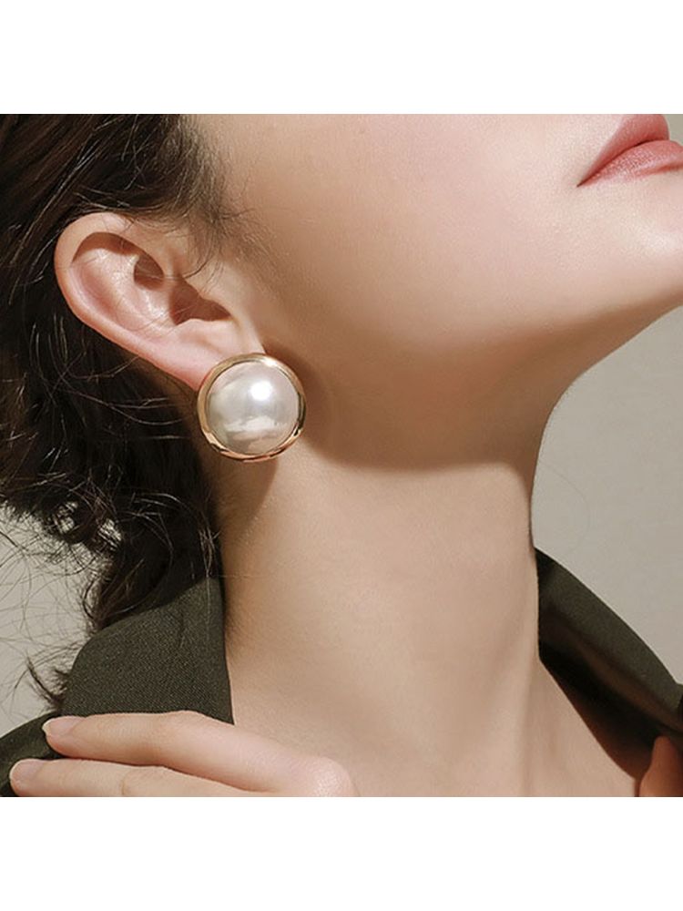 Niscka Gold Toned Big White Pearl Stud Earring-picture-20