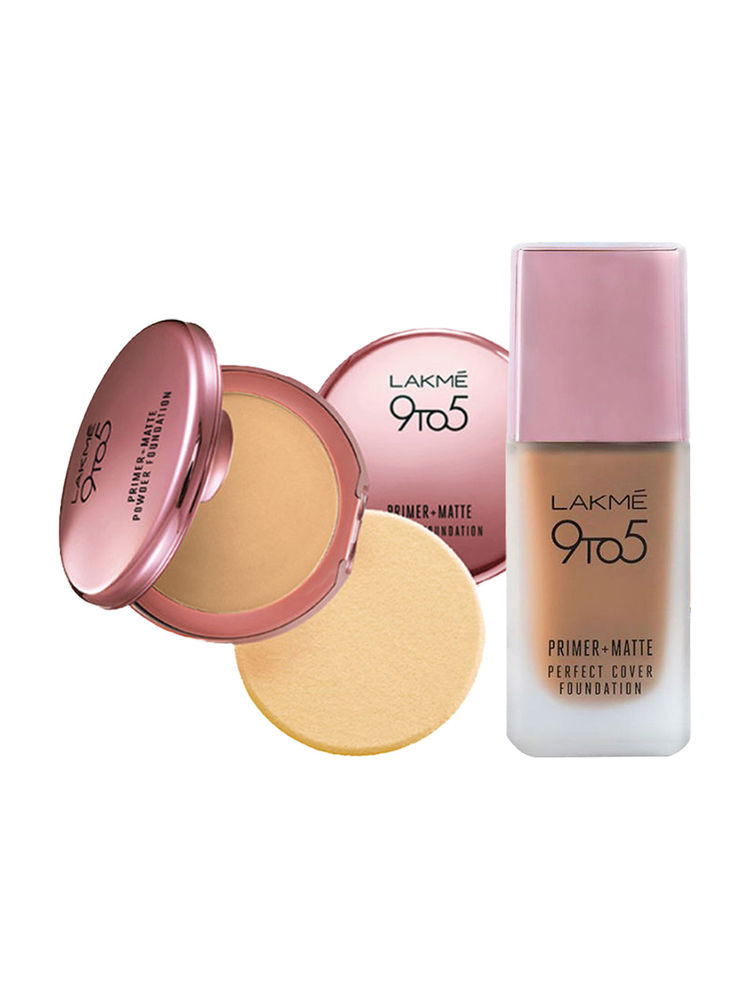 Lakme 9 To 5 Primer + Matte Perfect Cover Foundation C100 Cool Ivory & Ivory Cream Compact Combo