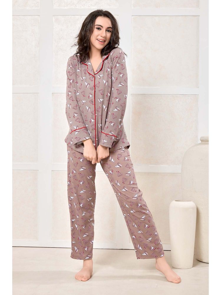 PIU Brown Printed Relaxed Shirt and Pyjama-image-4