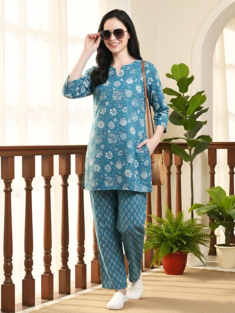 Indreams Women's Pure Cotton Woven Nightsuit Set Blue-picture-12
