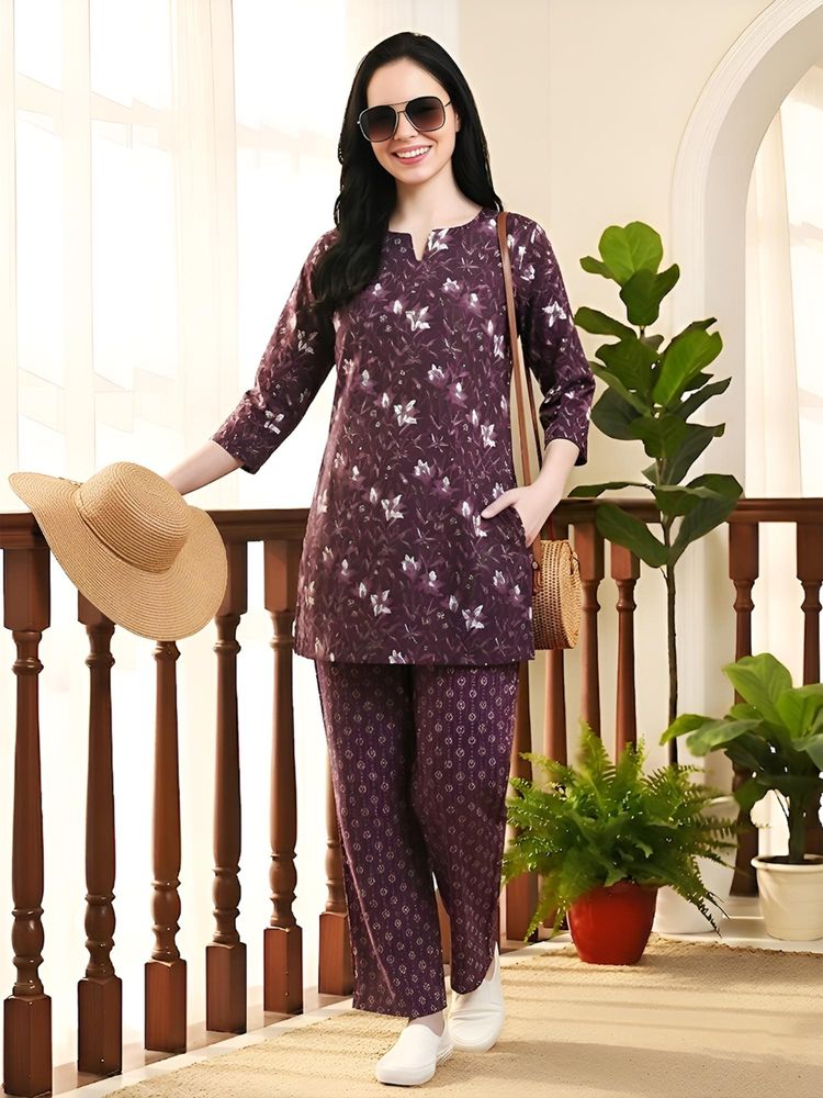 Indreams Women's Pure Cotton Woven Nightsuit Set Purple-picture-14