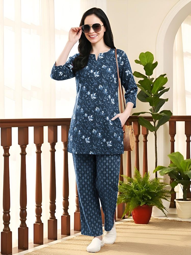 Indreams Women's Pure Cotton Woven Nightsuit Set Blue-picture-11