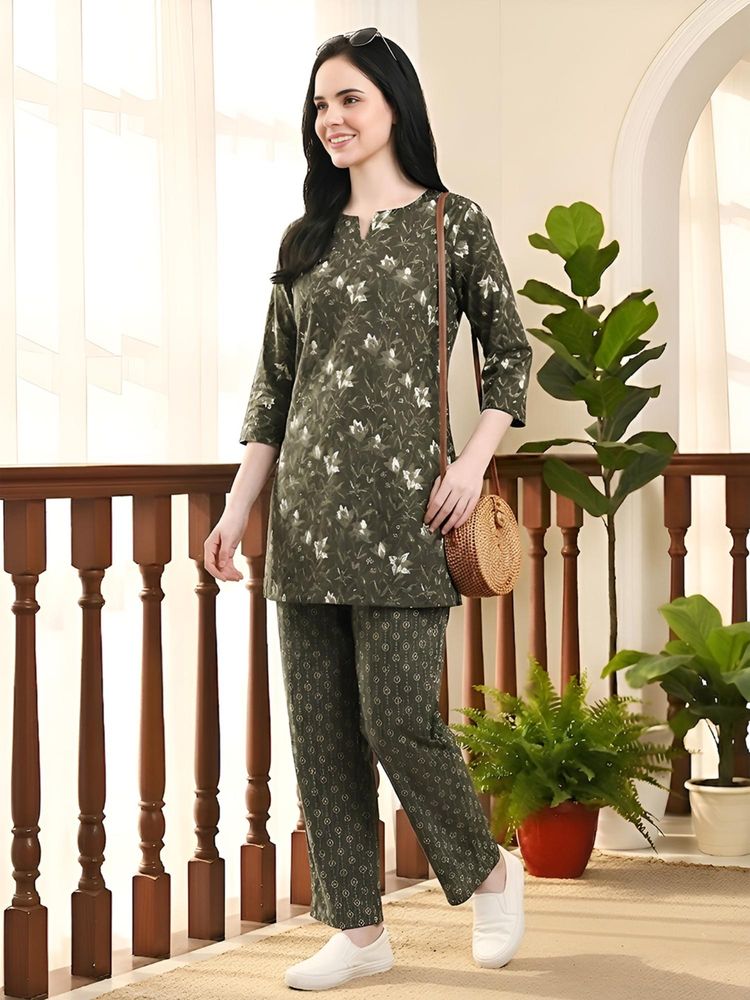 Indreams Women's Pure Cotton Woven Nightsuit Set Green-picture-13