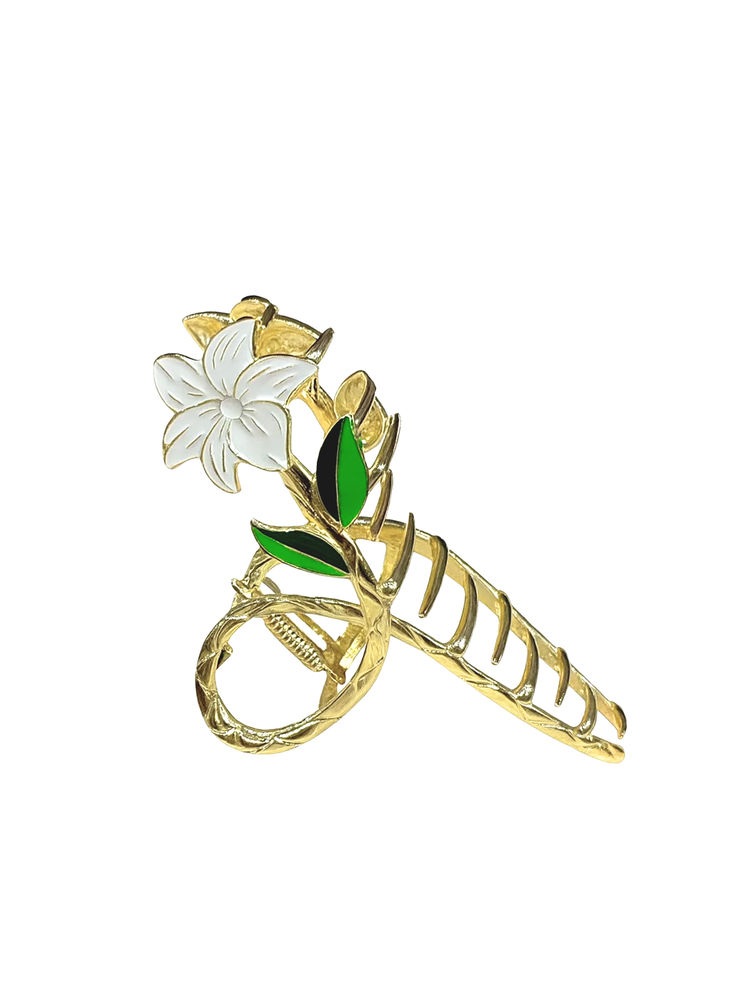 Matra Luxe Claw Clip Hair Clutcher Golden Fancy White Lily Flower Big Large Floral Metal Clutches-image-28