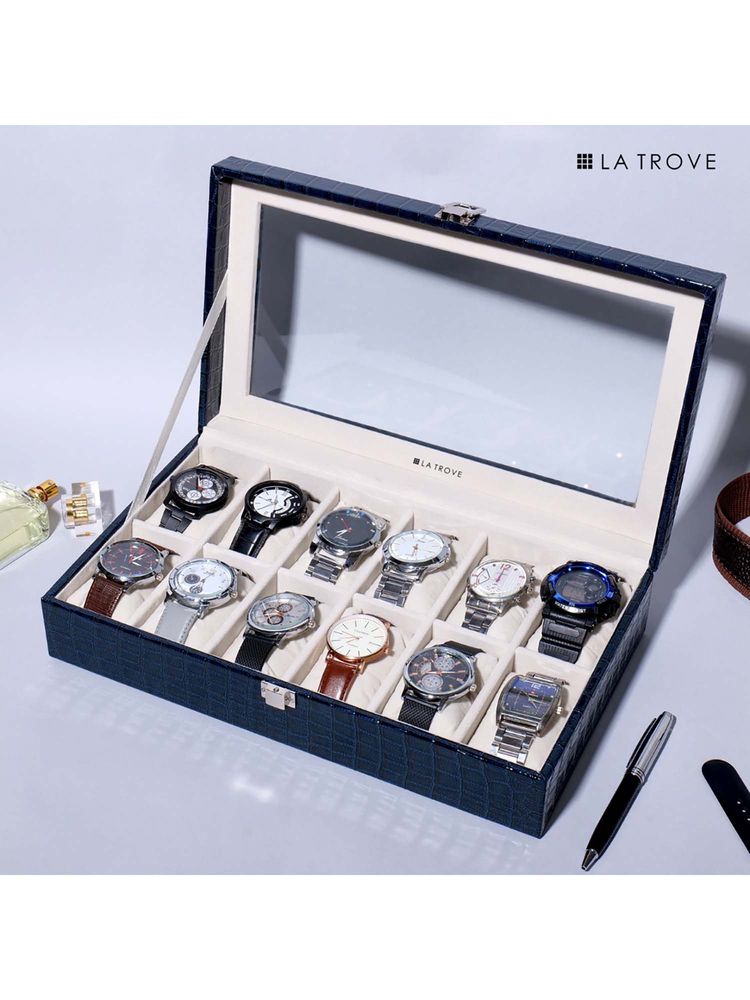 La Trove Blue Leather 12-Slot Watch's & Bracelets Storage Organizer Display Box-picture-0