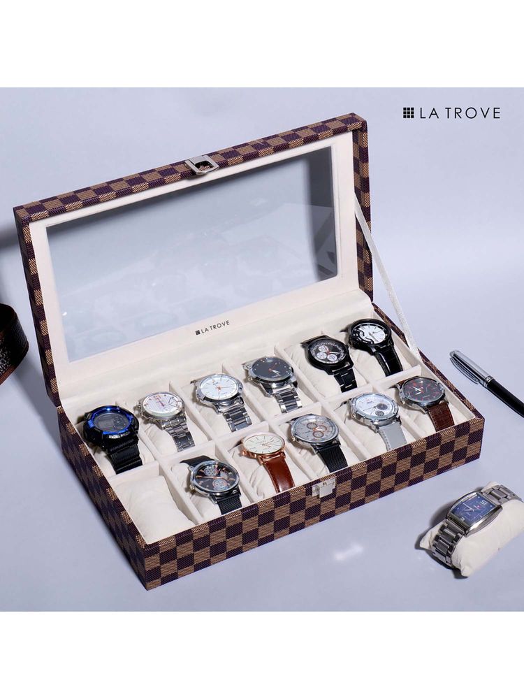 La Trove Browncheck Leather 12-Slot Watch & Bracelets Storage Organizer Display Box-picture-22