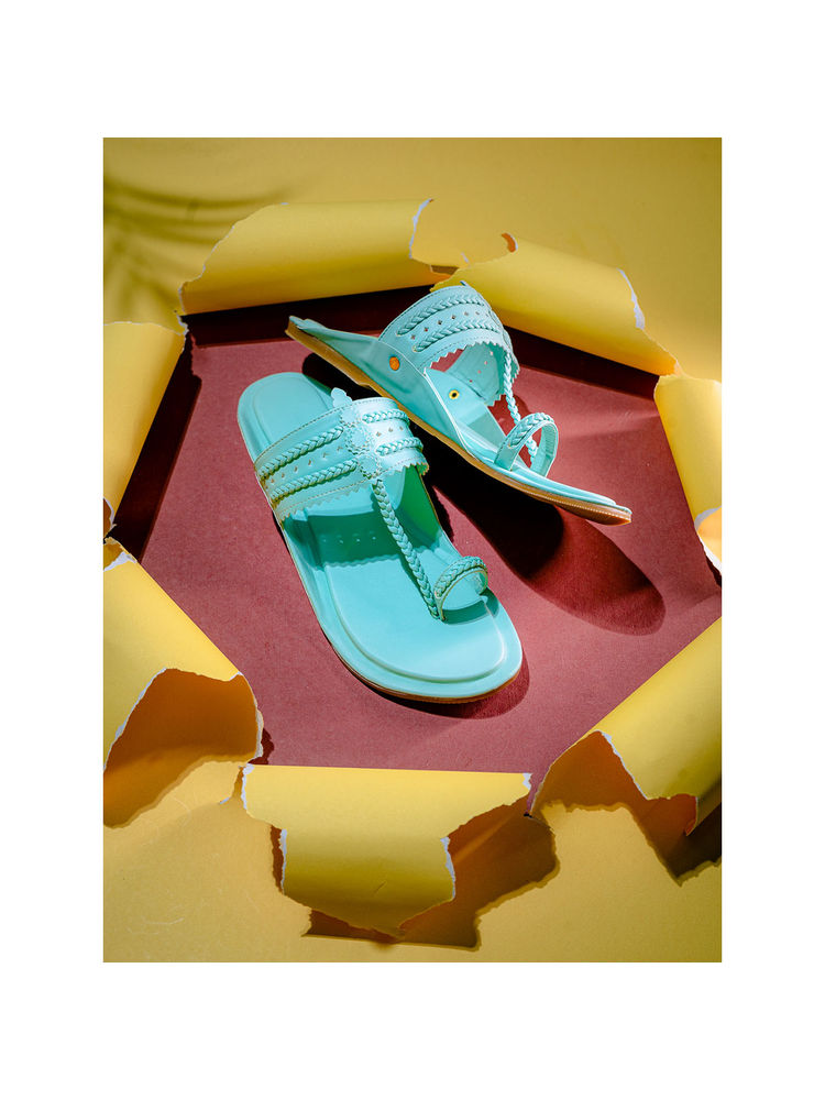 NR BY NIDHI RATHI Braided Detail Leather One Toe Green Kolhapuris-image-21