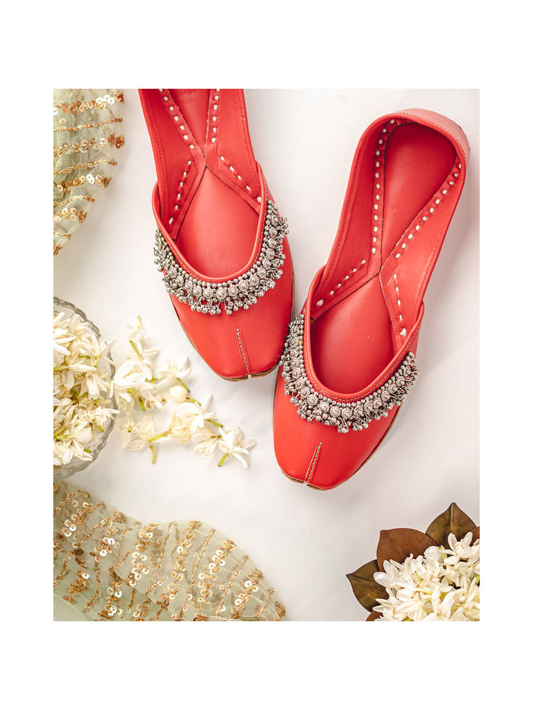 NR BY NIDHI RATHI Square Toe Ethnic Embellished Red Juttis