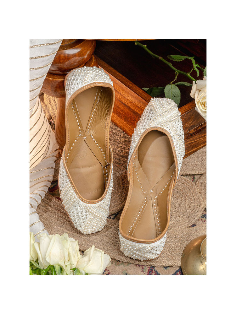 NR BY NIDHI RATHI Women White Pearl Embellished Leather Ethnic Juttis-image-43