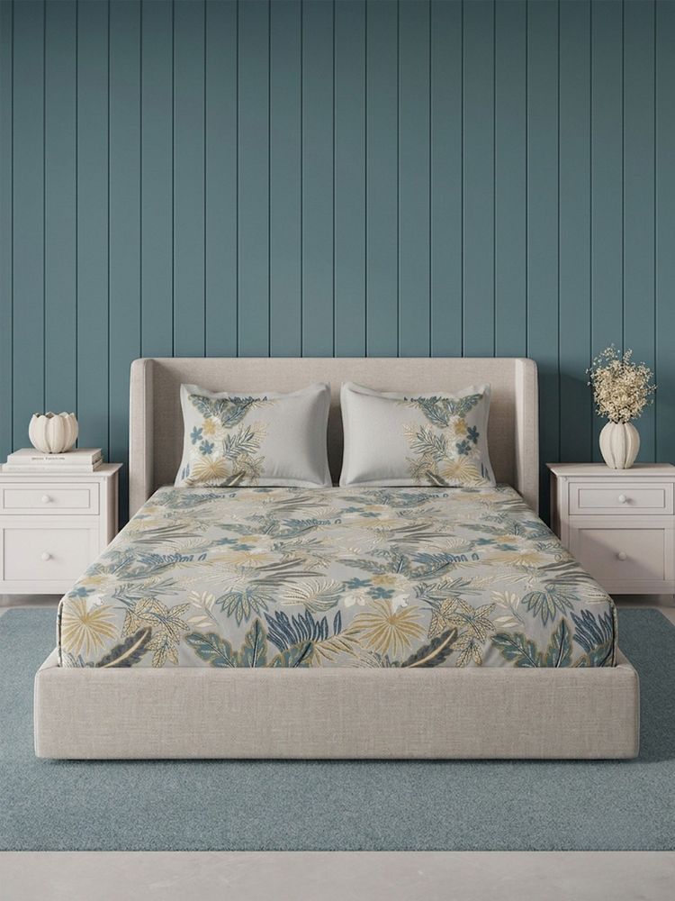 Ddecor Live Beautiful Pure Cotton 145Tc Leaves Grey Bedsheet with 2 Pillow Covers (Super King)-picture-28