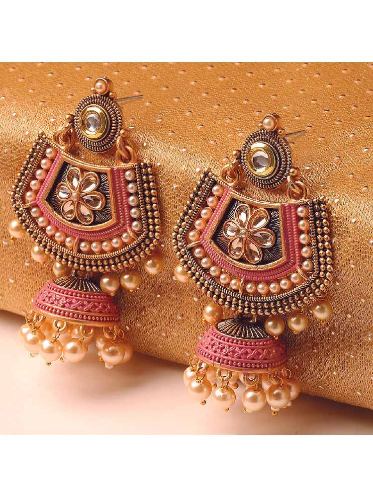 OOMPH Pink Meenakari & Kundan Pearls Floral Large Drop Jhumka Earring-picture-10
