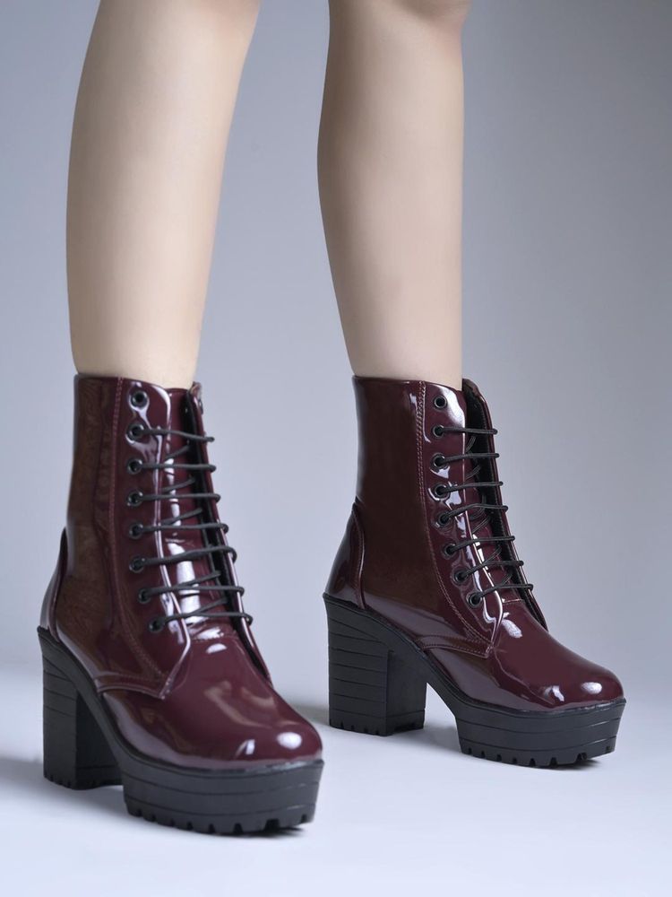 Shoetopia Women Patent Cherry Red Platform Combat Boots-picture-10