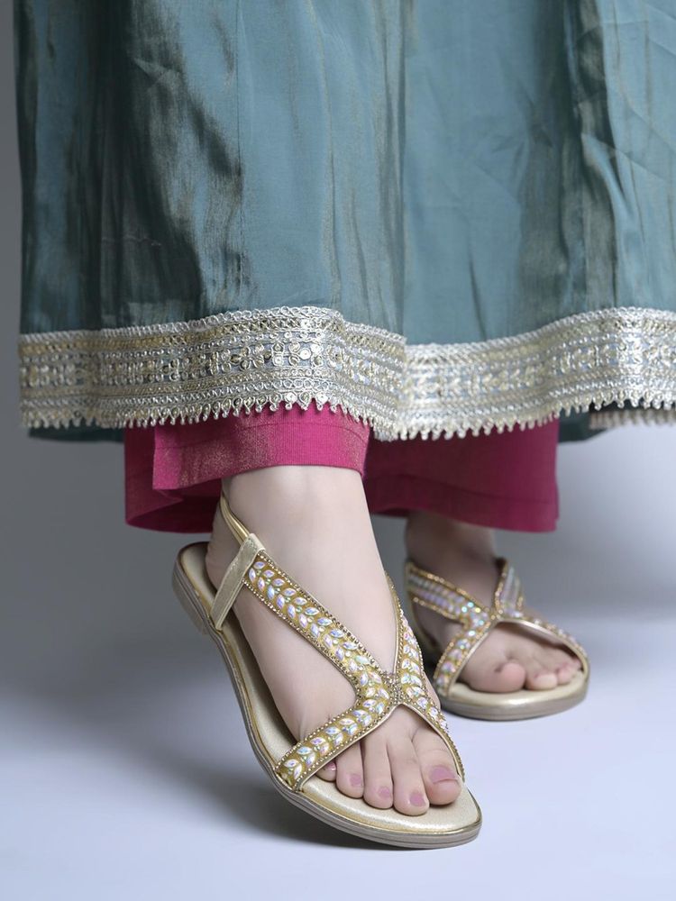 Shoetopia Women Radiant Gold Embellished T-Strap Flat Sandals - Ethnic Occasion Wear-image-26