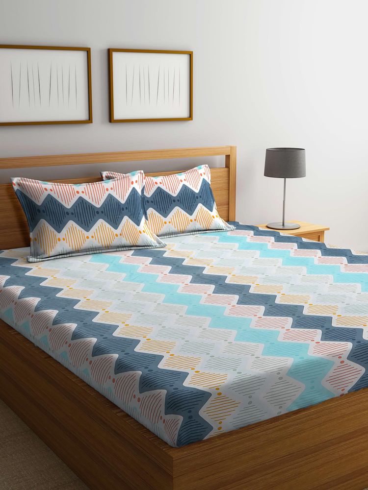 FABINALIV Multicolor Geometric Cotton Blend Super King Size Double Bedsheet with 2 Pillow Covers-image-23