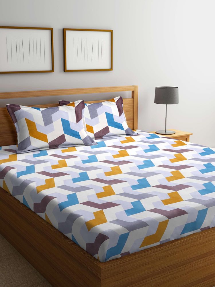 FABINALIV Multicolor Geometric Cotton Blend Super King Size Double Bedsheet with 2 Pillow Covers-image-16