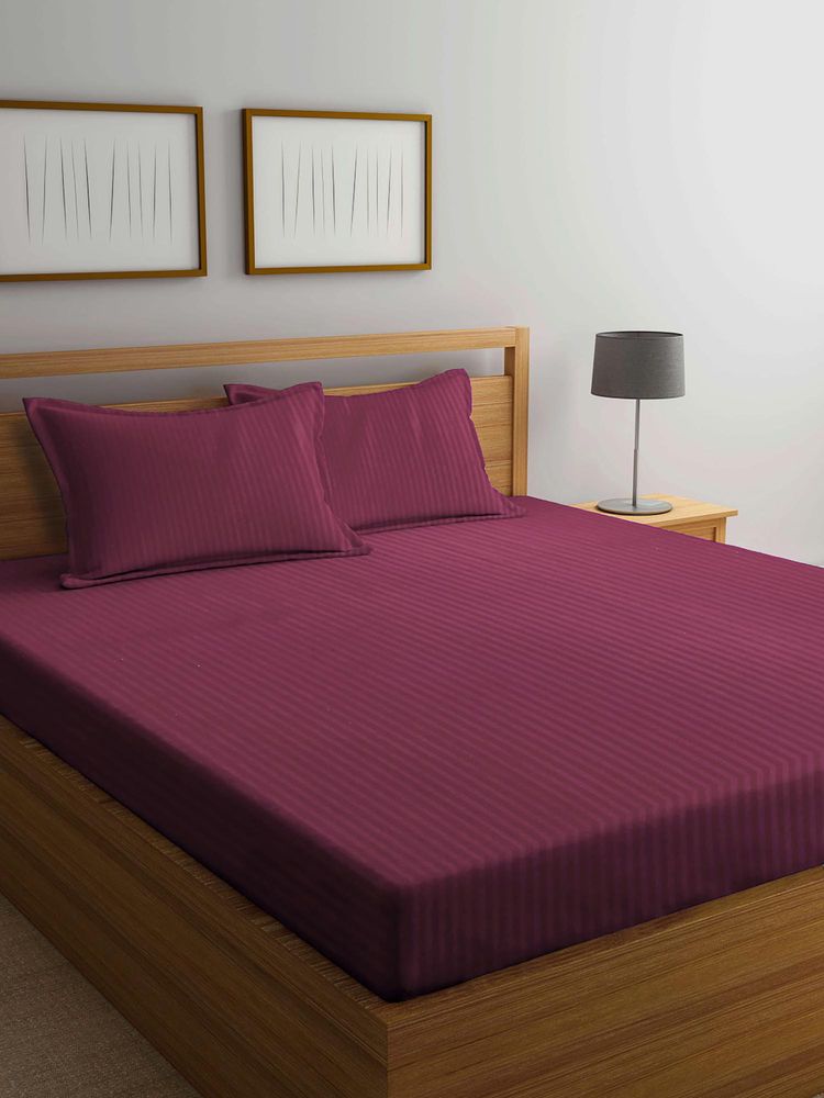FABINALIV Maroon Striped 300 TC Cotton Blend Super King Size Double Bedsheet with 2 Pillow Covers-picture-11