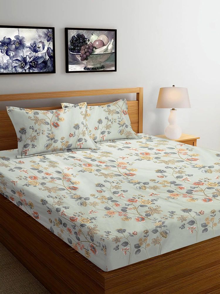 FABINALIV Multicolor Floral 300 TC Cotton Blend Super King Size Double Bedsheet with 2 Pillow Covers-picture-16