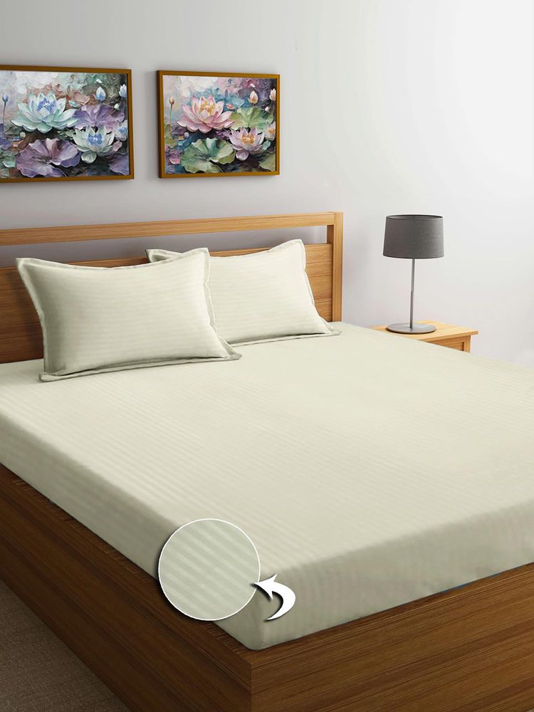 FABINALIV Cream Striped 300 TC Cotton Blend Super King Size Double Bedsheet with 2 Pillow Covers-image-20
