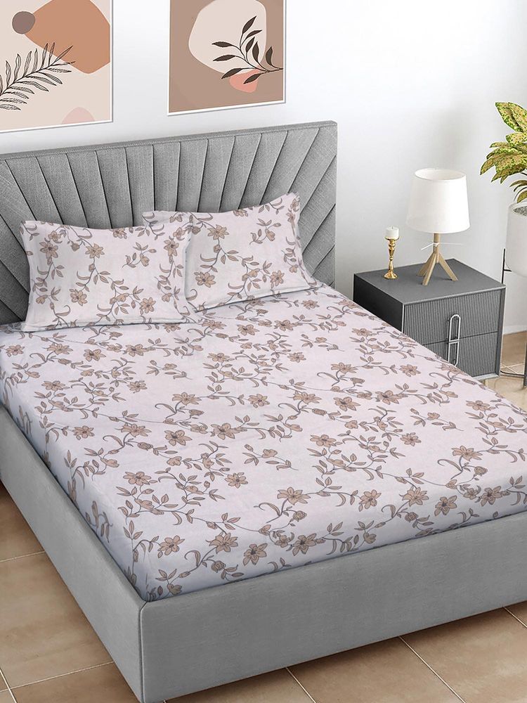 FABINALIV Beige Floral 300 TC Cotton Blend Super King Bedsheet with 2 Pillow Covers-image-40