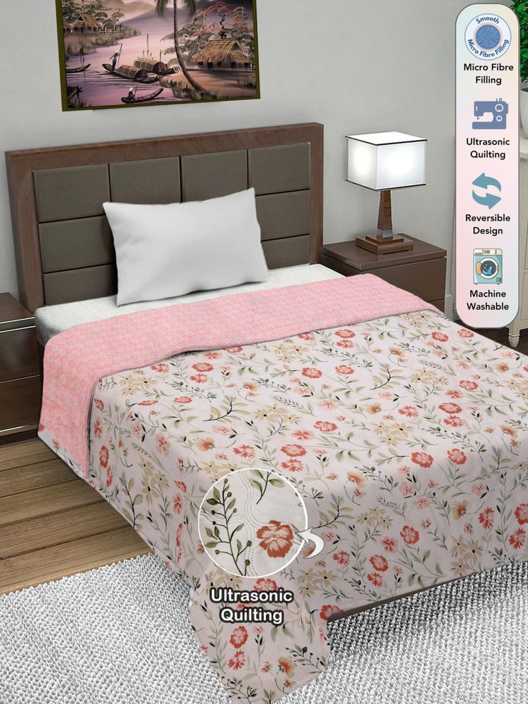 FABINALIV Pink Floral Ultrasonic Quilted Reversible Ac Room Single Bed Comforter (Single)-image-3