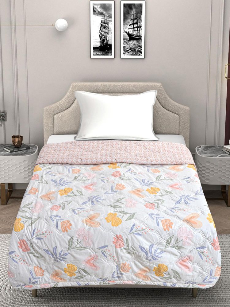FABINALIV White Floral Ultrasonic Quilted Reversible Ac Room Double Bed Comforter (Single)-image-3
