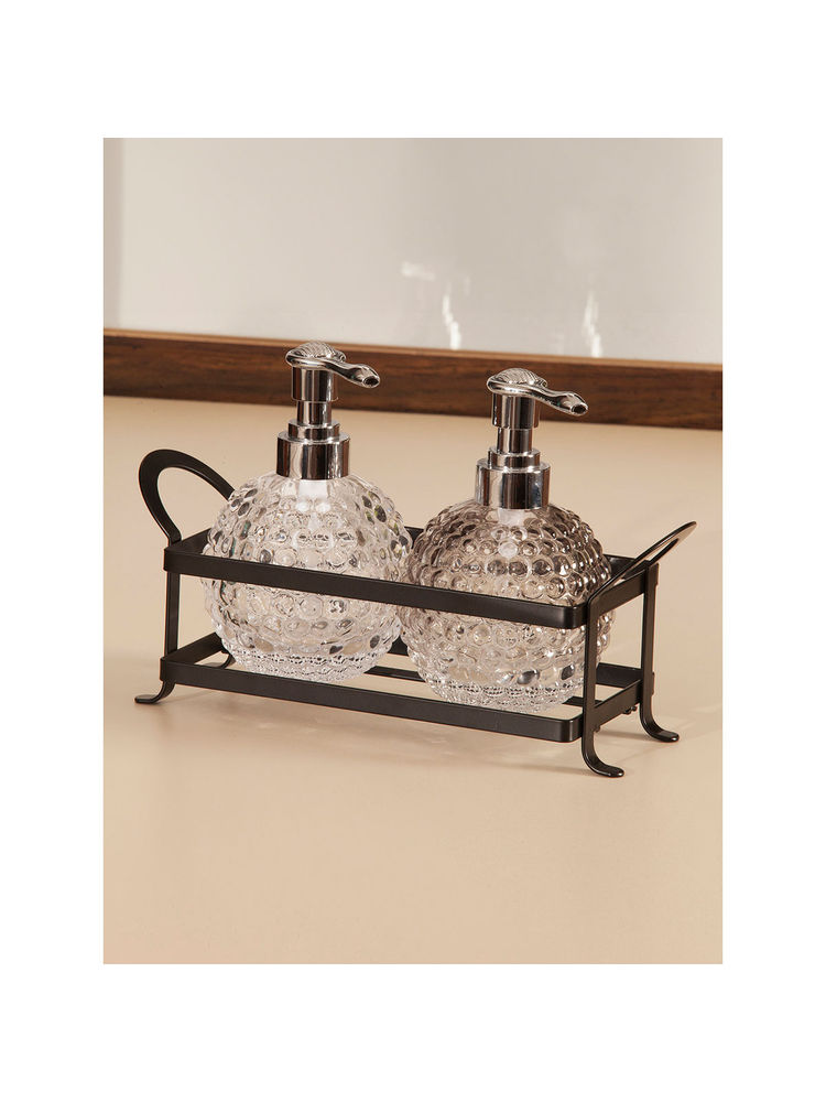 OBSESSIONS Set of 2 Glass Soap Dispenser with holder-Transparent-picture-10