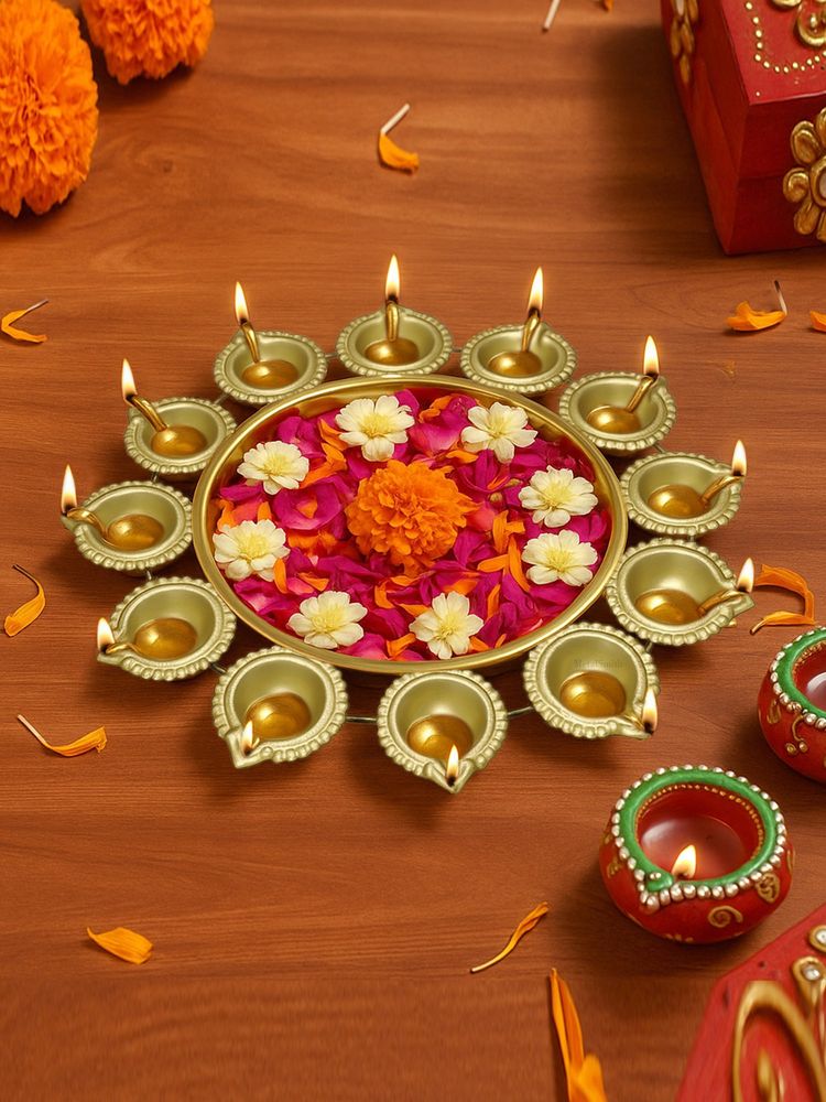 Metalsmith Gold Iron Urli with 12 Attached Diya Holders-image-15