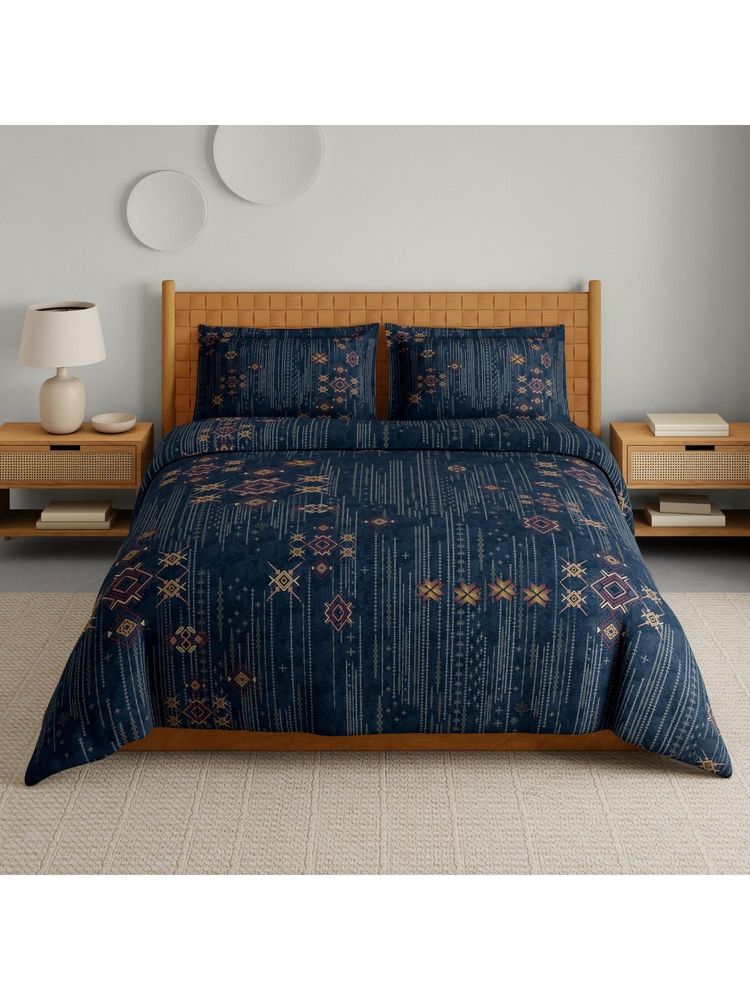SPACES Aztec 210 Tc Hypro Cotton Ethnic Design King Bedsheet with 2 Pillow Covers - Blue-image-41