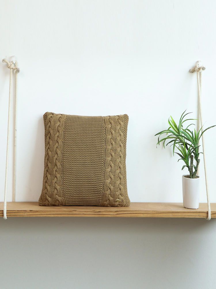 PLUCHI Archer Cotton Knitted Latte Color 16 X 16 Inches Decorative Cushion Cover-image-9