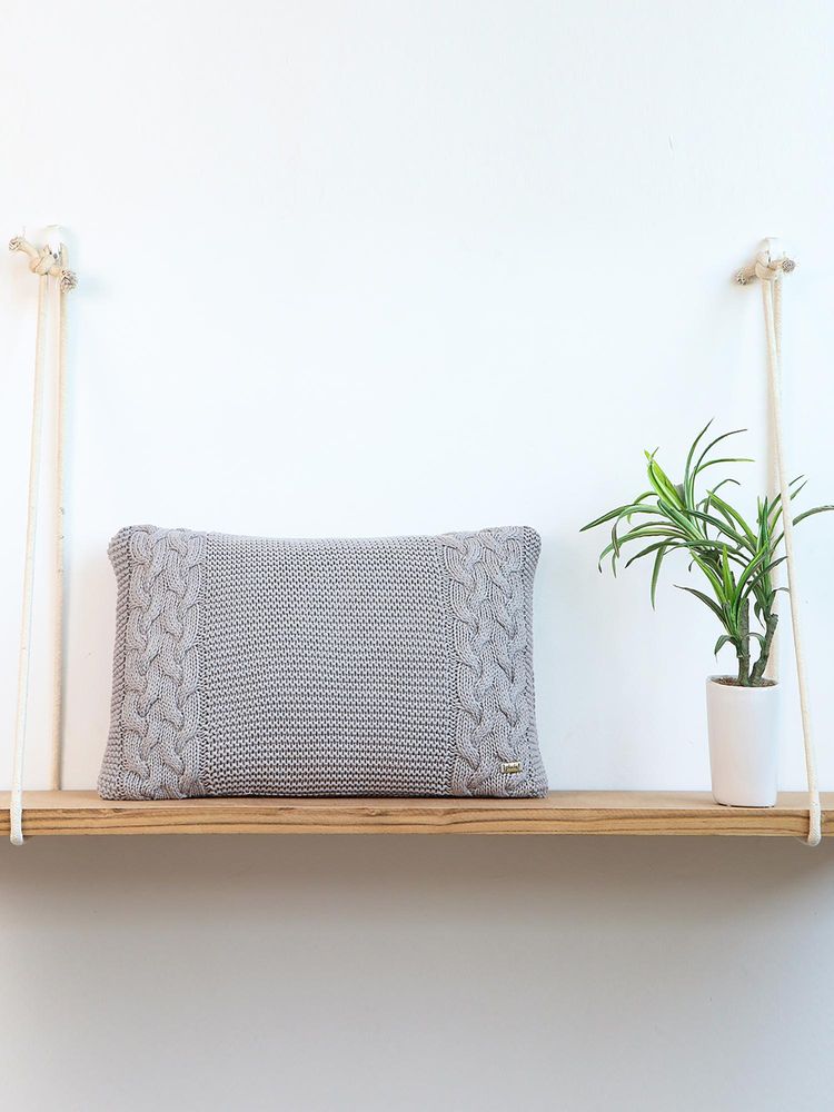 PLUCHI Archer Cotton Opal Grey Knitted 12 X 20 Inches Decorative Cushion Cover-image-1