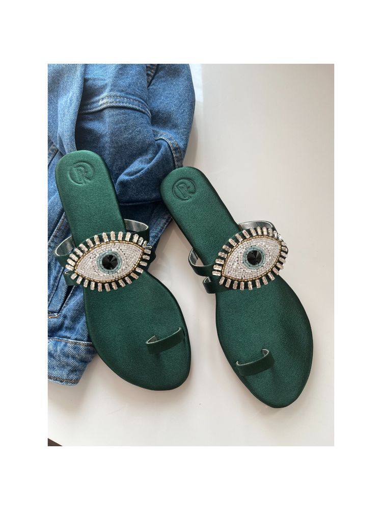PREET KAUR Green Evil Eye Flats-picture-10