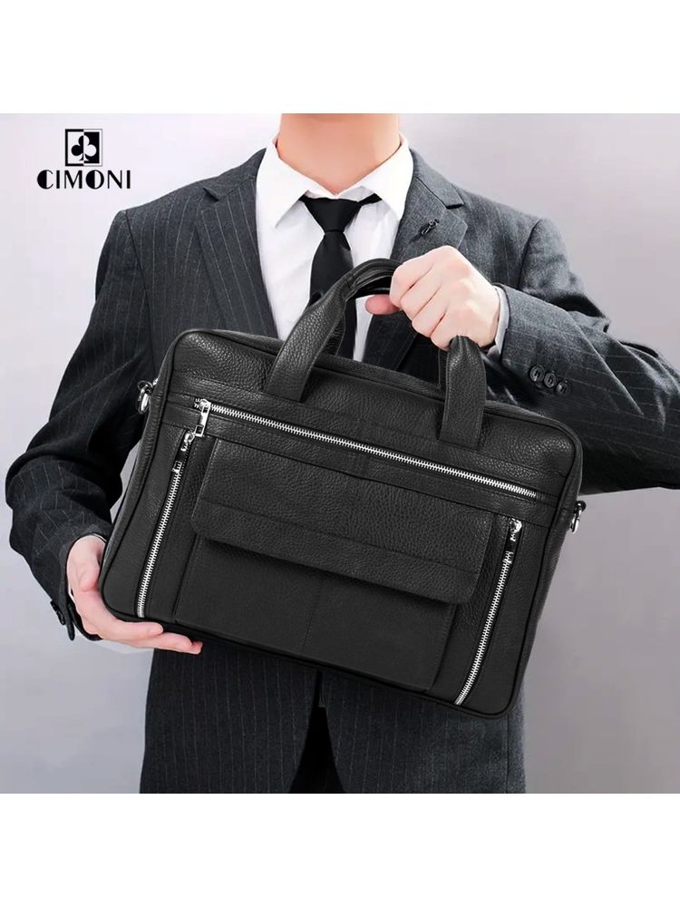 Cimoni Unisex Black Latest Stylish Premium Genuine Leather Laptop Bag-image-6