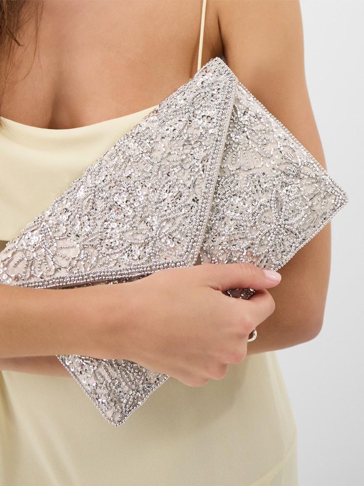 Accessorize London Women's Silver Floral Embellished Envelope Clutch-picture-30