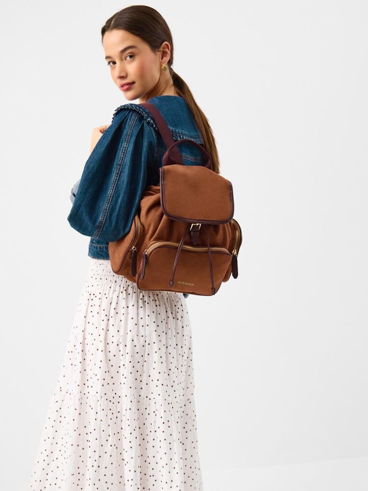 Accessorize London Women's Tan Multi-Pocket Faux Suede Backpack-picture-26