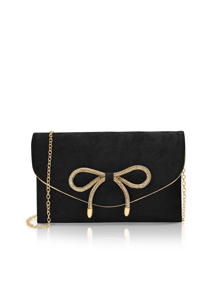 Lavie Women Black Eira Bow Crush Envelope Clutch with Detachable Chain (L)-image-28