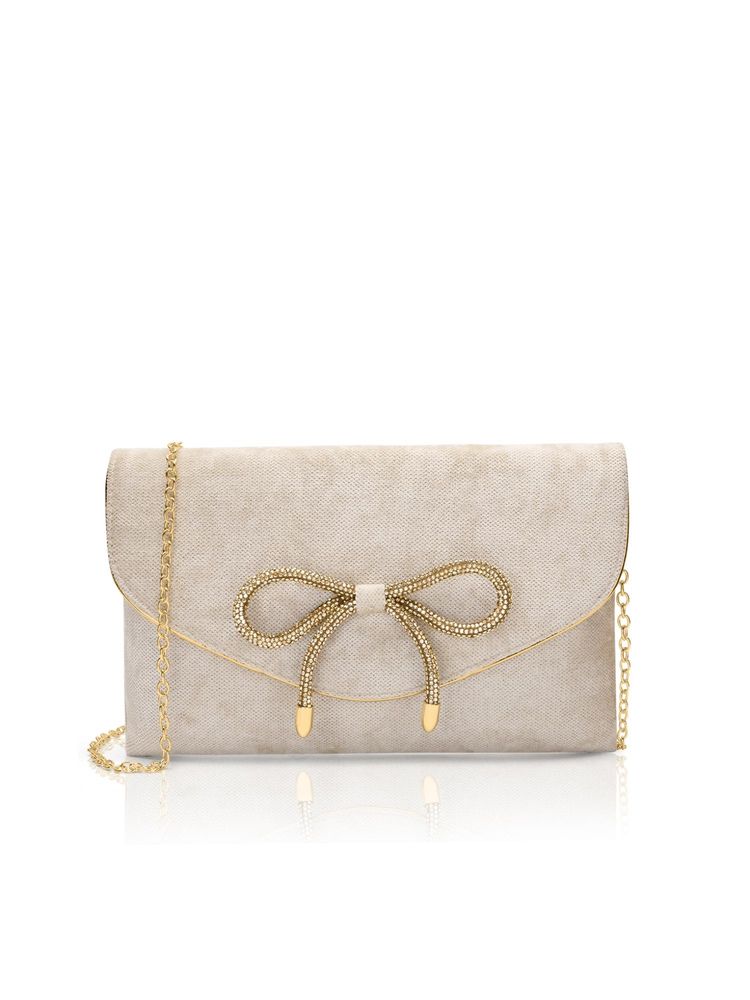 Lavie Women Beige Eira Bow Crush Envelope Clutch with Detachable Chain (L)-picture-34