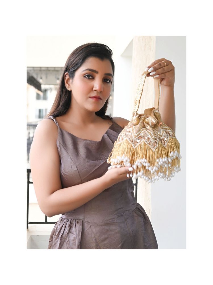 Odette Golden Suede Sequin and Beads Tassels Potli Bag-picture-27