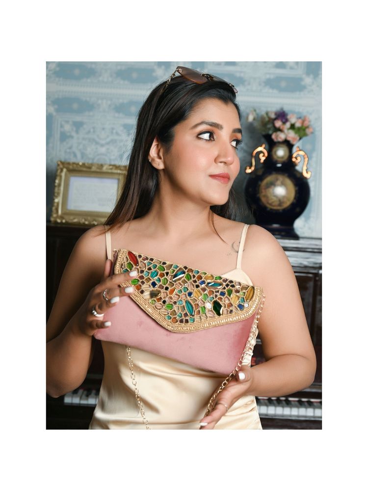 Odette Women Pink Suede Embellished with Multi Stones Clutch-image-12