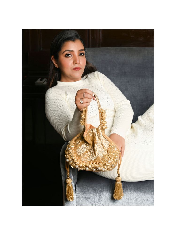 Odette Golden Cutdana and Beads Work Potli Bag-picture-15