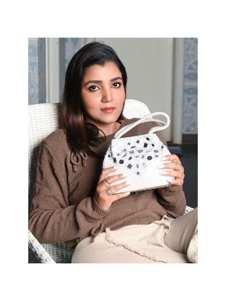 Odette White Beads Embellished Mirror Work Handbag-picture-21