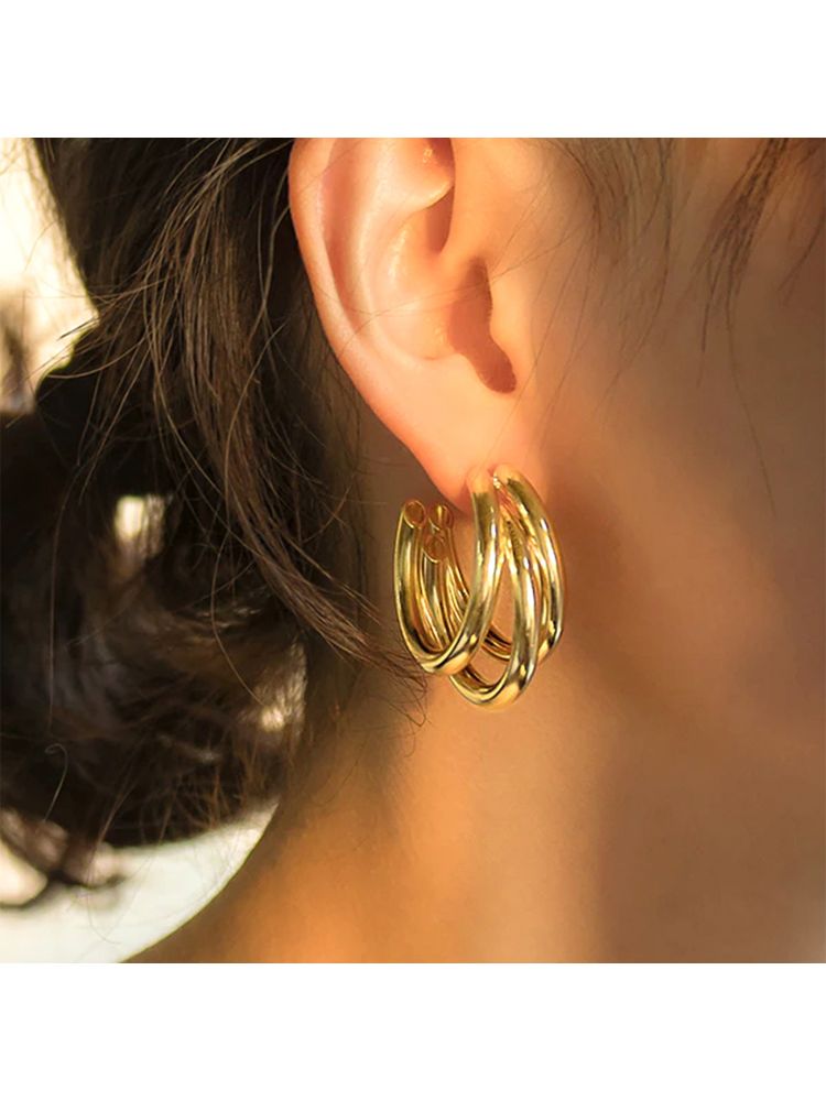 Yellow Chimes Set of 2 pairs silver and gold triple layered hoop earrings-picture-22