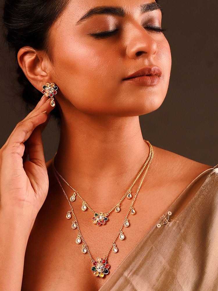 Voylla Navratan Rainbow Royals Layered Collar Necklace with Earrings-picture-5