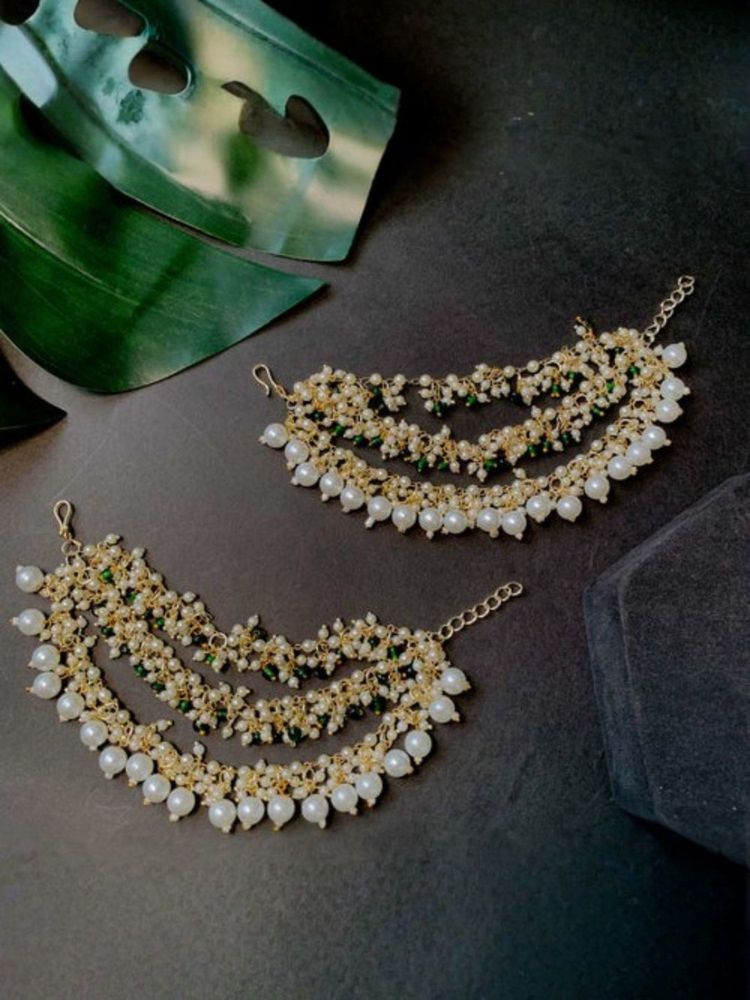 I Jewels Gold Plated White and Green Traditional Multi Layered Pearl Ear Chain-picture-23