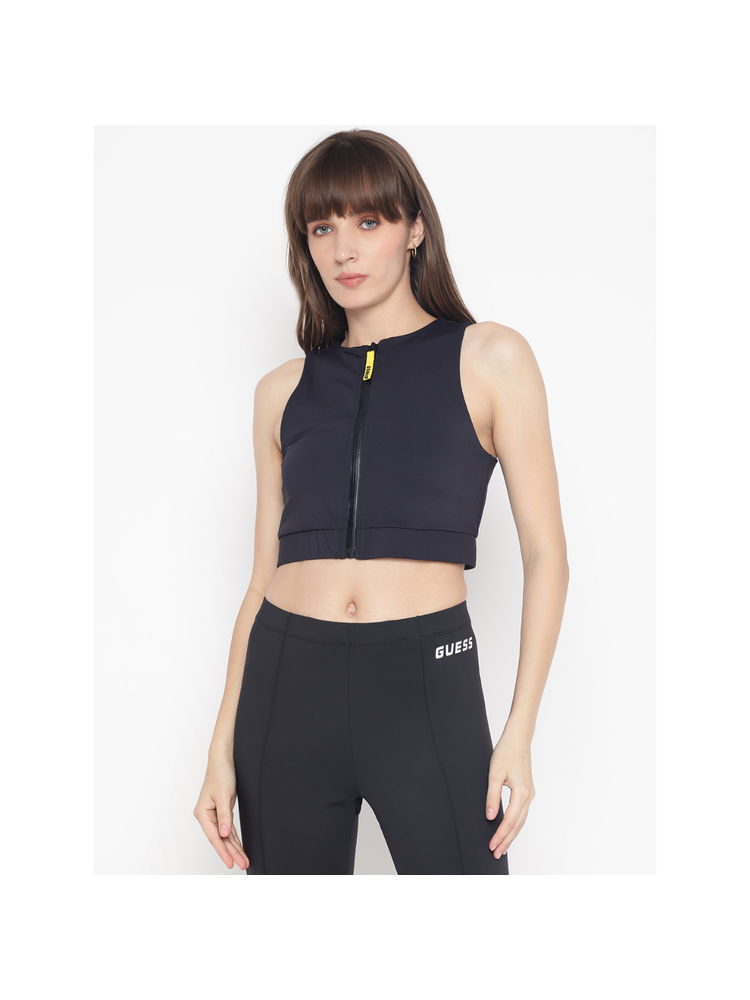 Guess Women's Navy Blue Solid Round Sleeveless Crop Top-image-9