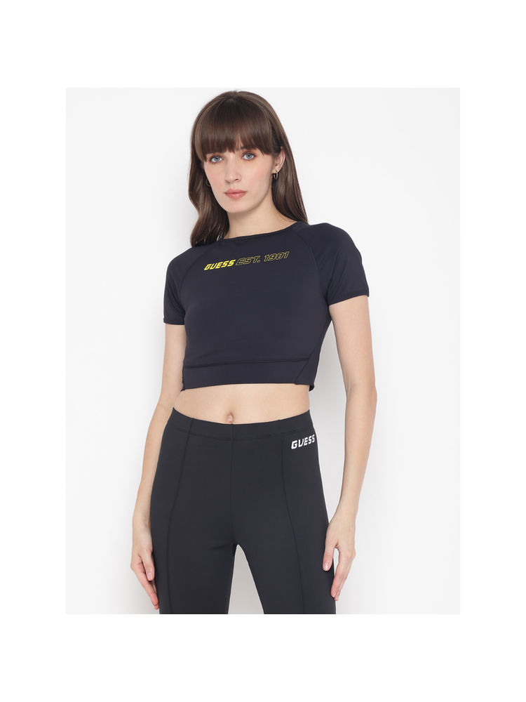Guess Women's Navy Blue Printed Round Short Sleeve Crop Top-image-8