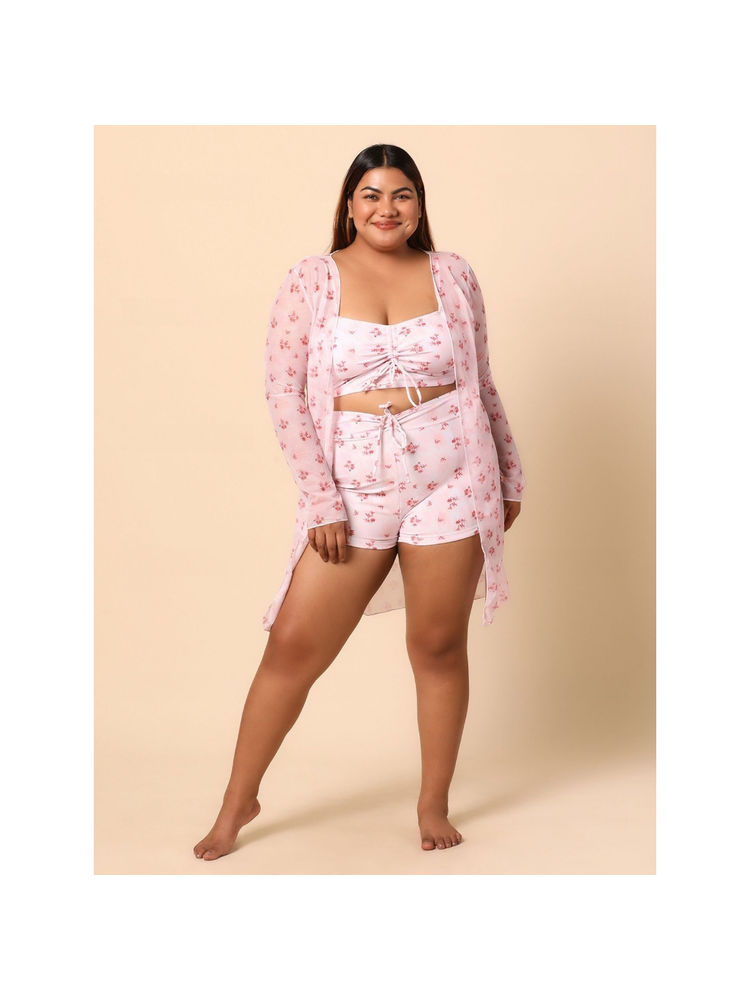 WomanLikeU Pink Printed Bikini Top With Swimming Shorts And Shrug (Set of 3)-picture-28