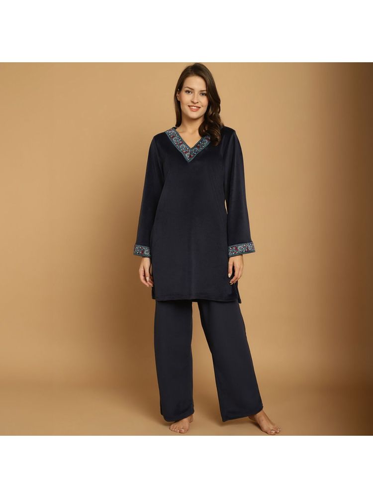 Secret Wish Navy Blue Solid Velvet Winter Night Suit-image-40