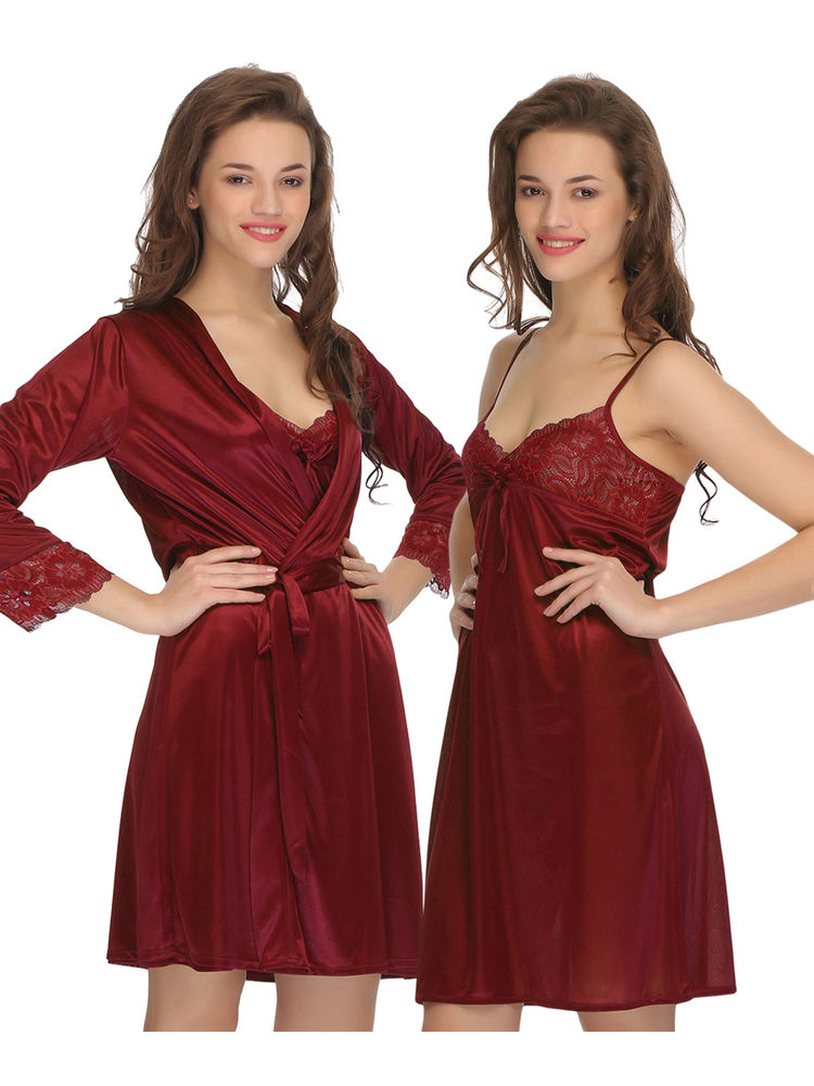 Clovia 2 Pcs Set Of Nightslip And Robe - Maroon-picture-28
